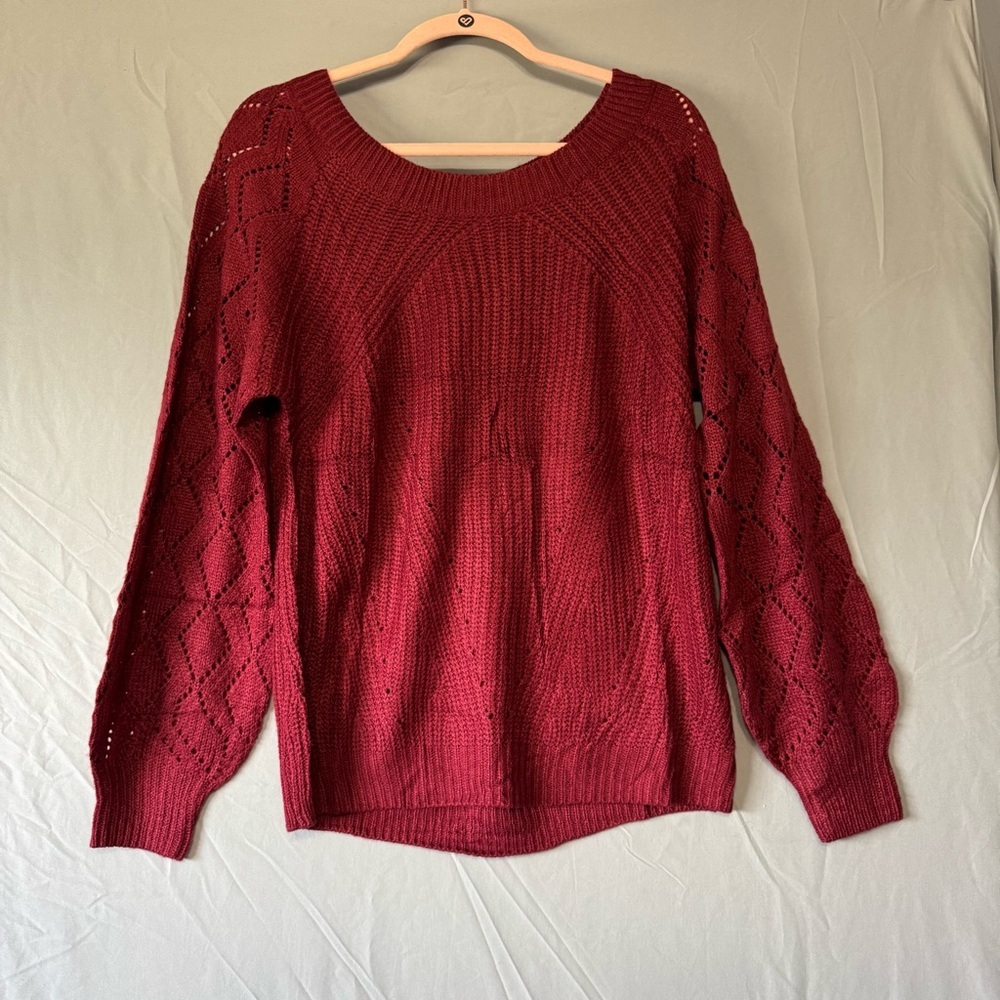 Womens Burgundy Acrylic Sweater Size M Festive Holidays Fall Bishop Sleeves